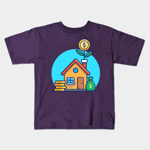 House With Gold Coin Money Plant Cartoon Kids T-Shirt by Catalyst Labs